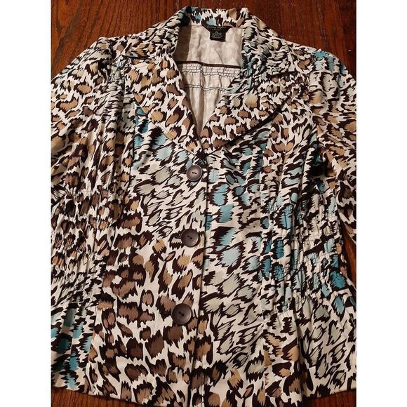 Petite Large Sunny Taylor Brown Tan Blue Animal Print Blazer Shirt Jacket - Picture 3 of 7